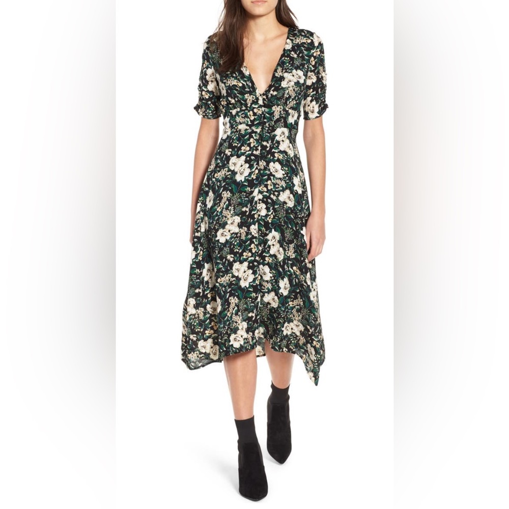 ASTR The Label Button Front Midi Dress Green Ivory Flora